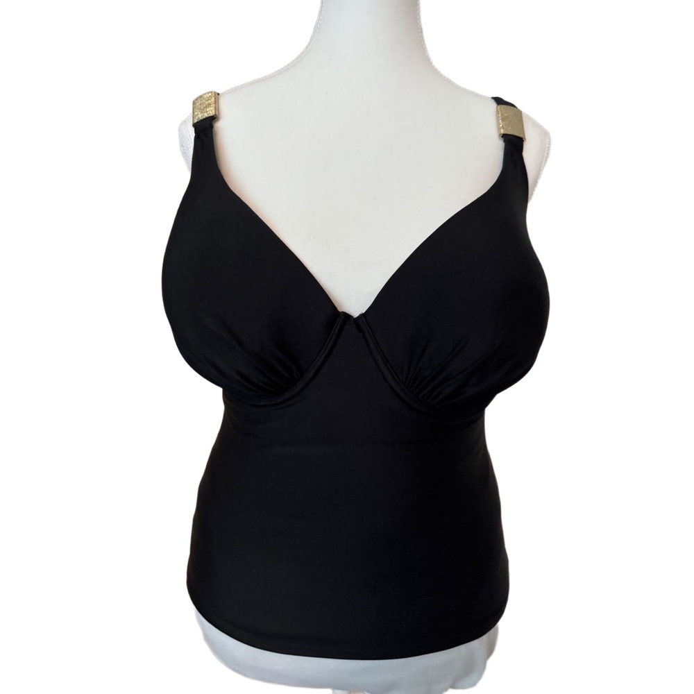 Resort Black Gold Tone Accents Underwire Cups Tankini Swim Top Womens UK 36F